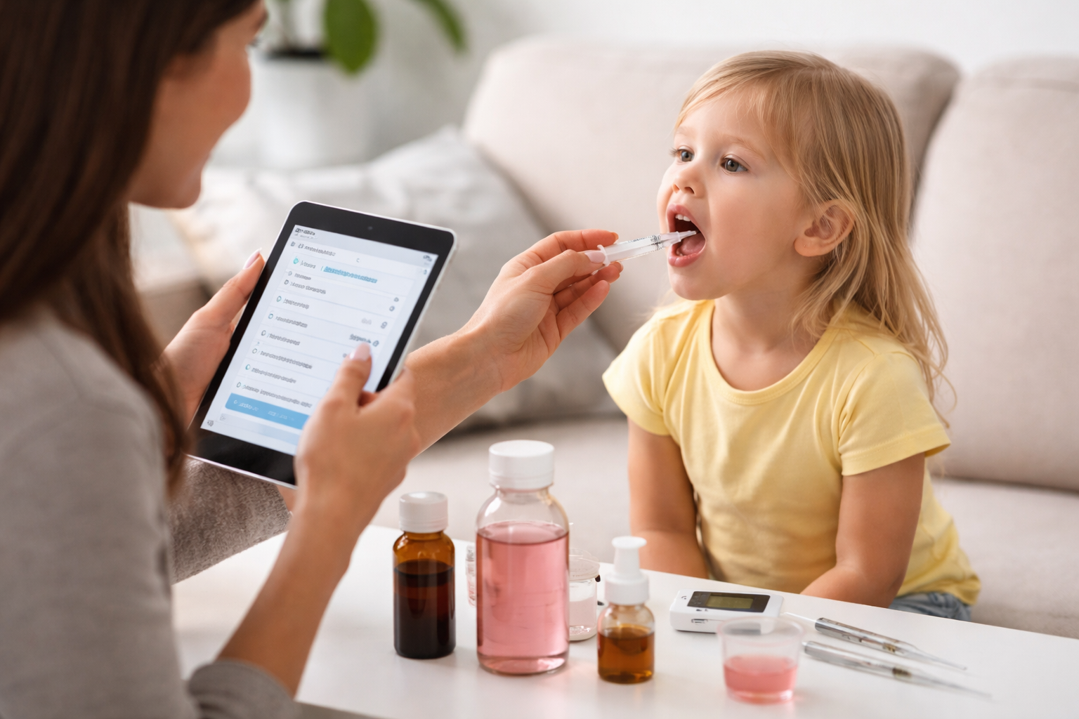 KidCare Tracker app showing medication and fever tracking for children